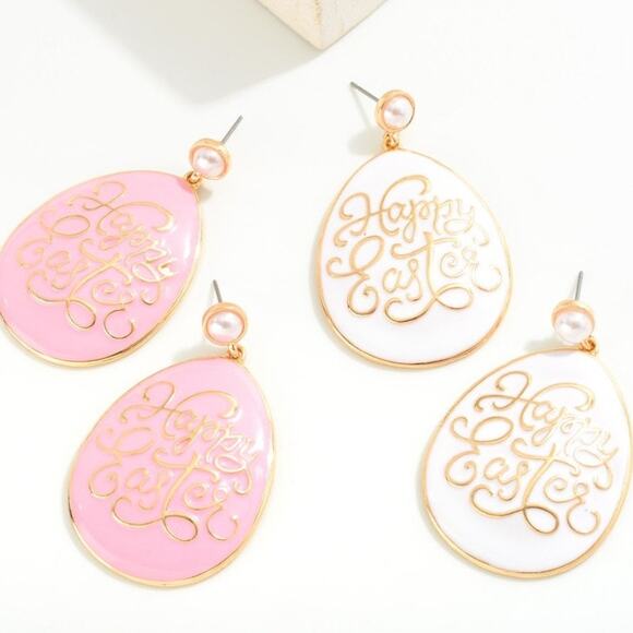 Pink Enamel Coated Happy Easter Egg Drop Earrings With Pearl Post - Picture 3 of 3